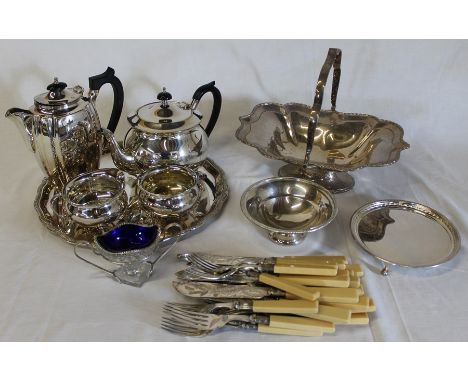 Selection of silver plate including fish knives and forks, Mappin &amp; Webb card tray, basket etc.