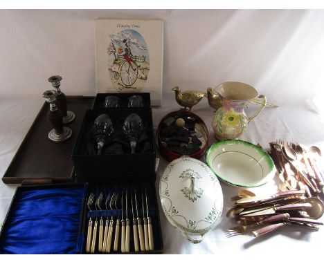 Various items inc boxed glassware by Thomas Webb, wooden tray and candlesticks, ceramics, silver plate, brass pheasants, news