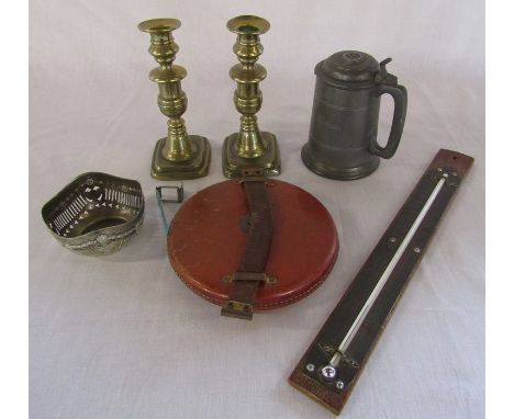 Various items inc 30m tape measure, pair of brass candlesticks, tankard and thermometer