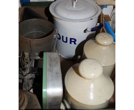 Selection of kitchenalia inc. enamel flour bin, posher, scales, irons etc (2 boxes)
