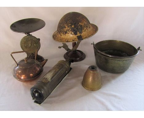 Various brass ware etc inc Warden's helmet, Auto minimax hand pump type D major, scales, kettle and wig stand