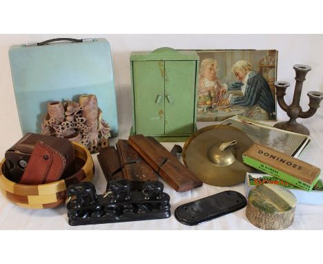 3 wood planes, child's cymbals, dolls wardrobe, door plate, typewriter, dominoes, oleographs etc.