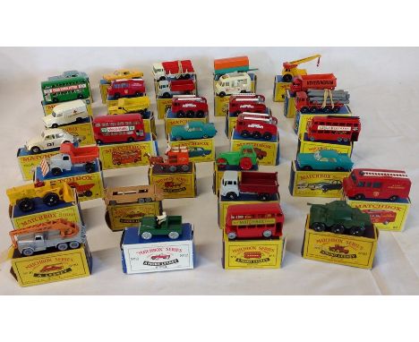 32 boxed Matchbox Series Lesney vehicles including London Trolleybus No. 56, Lomas Ambulance No. 14, Ford Zodiac No. 53 (Airp