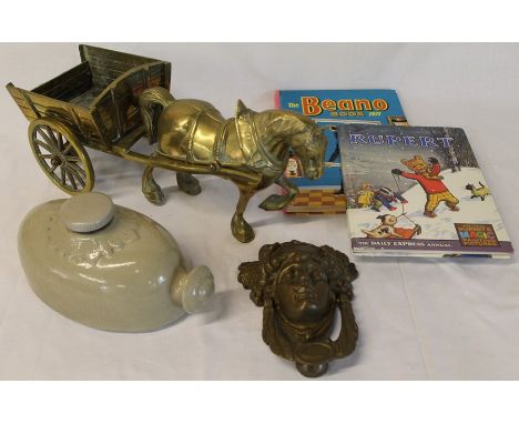 Brass shire horse and cart, door knocker, hot water bottle, Rupert annual 1967 &amp; Beano annual 1971