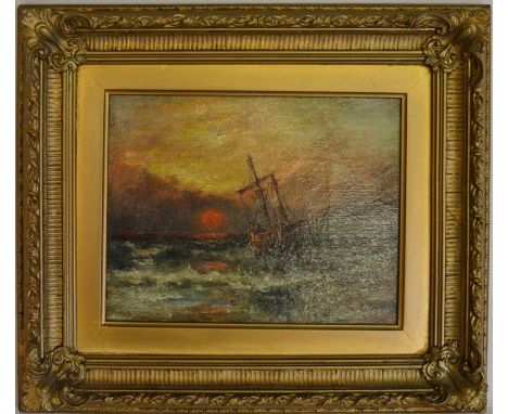 Small 19th century oil on canvas seascape of a ship at sunset signed S B Frame size 39cm by 34cm