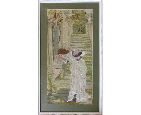 Framed 19th century tapestry of a woman smelling flowers 33 cm x 59.5 cm (size including frame)