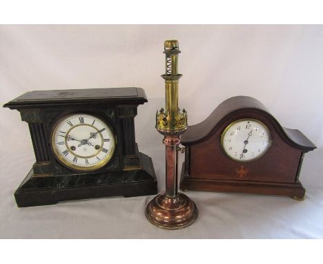 2 Victorian / Edwardian mantel clocks &amp; a brass and copper candle lamp