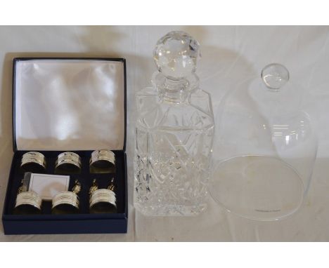 Modern crystal decanter, glass bell jar, boxed set of silver plate serviette rings &amp; name card holders