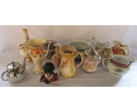 Various ceramics inc jugs, chamber pot, biscuit barrel, Poole planter / vase &amp; an African cast iron money box