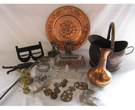 Various brass and copper inc cat door knocker, windmills, candlestick and silver plate etc