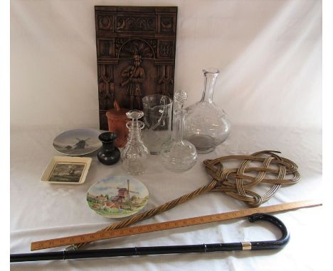 Various items inc glass decanters, Royal Copenhagen, walking stick, ruler, carved wooden panel etc