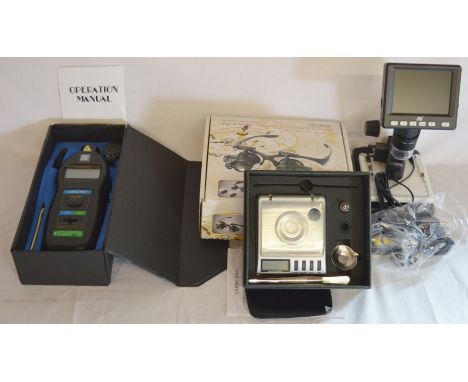 A E DM6236P digital Tachometer, mini digital scales, watch repair magnifier &amp; a dnt Digi Micro Lab 50 microscope