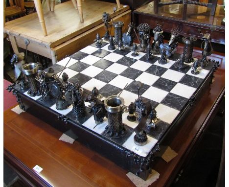 Large modern bespoke chess set with metal pieces made from reclaimed welded metal 82 cm x 82 cm (The shields of the 2 knights