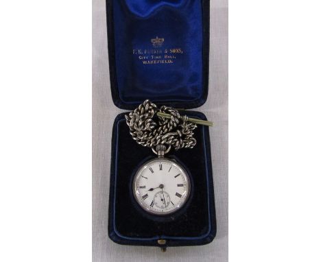 F K Perkins &amp; Son Wakefield swiss made silver ladies fob watch and chain (t bar not silver) in original box total weight 