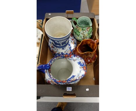 A collection of pottery to include Victorian large Jug and Tray, embossed woods treacle glazed jug, Radford Indian tree jug e