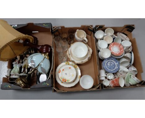 A collection of pottery to include Wedgwood , plates, blue and white cups and saucers, lamps , spoon displays etc (3 Trays)