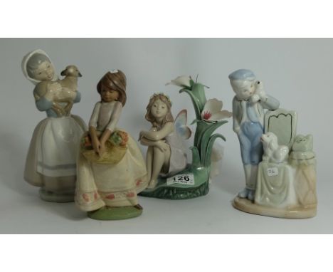 Lladro Mayflower Gress figure Girl with basket, Lladro figure seated Fairy (petals detached and present), Spanish Girl with l