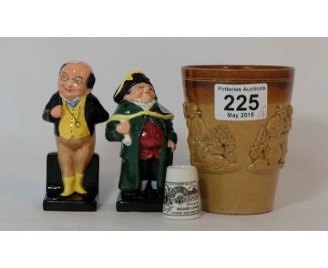Royal Doulton miniature Dickens figures Bumble, Pickwick, Stoneware hunting beaker and 19th century miniature stoneware beake