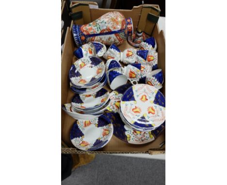 A Japanese porcelain temple jar & cover and quantity of Gordi Welsh Imari style cups and saucers  