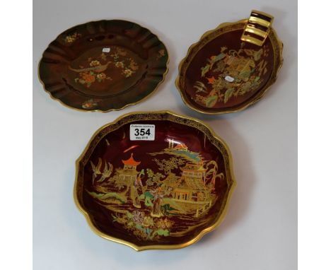 Carlton Ware Rouge Royale Pagoda Bowl (chip to edge) , Pagoda dish and Bird of paradise plate  (3)