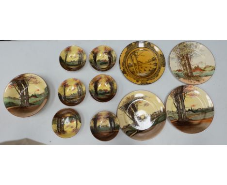 A collection of pottery to include Woodlands D4585 plates, Matching set of 6 saucers, fruit bowl and Haystack plate (11)