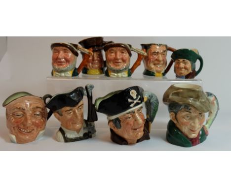 Royal Doulton small character jugs John Barleycorn, Gunsmith, Long John Silver, Poacher lighter jug, miniature Toby Phillpots