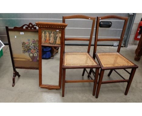 pair Edwardian mahogany bedroom chairs, framed mirror and tapestry fire screen  (3)
