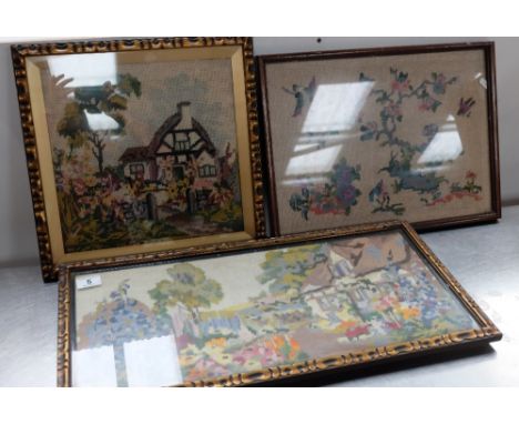 3 old tapestry pictures in gilt frames