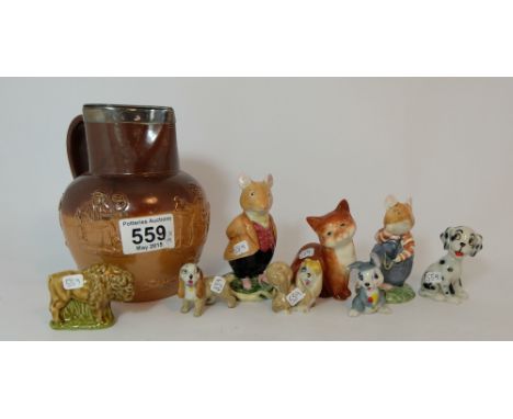 Royal Doulton lambeth hunting jug with metal lid, Brambley Hedge figures Wilfred Toadflax DBH7, Lord Woodmouse DBH4,Beswick s