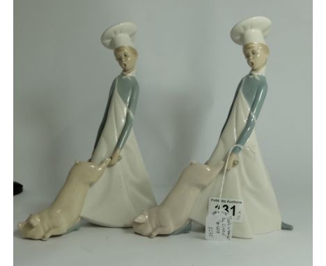 Lladro pair figures Man with pig " Cook in Trouble", height 26cm  ( one restored neck) (2)
