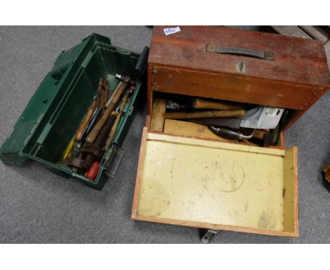A collection of vintage wood working hand tools to include chisels, pliers, planes, drills, saws, etc (2 boxes)
