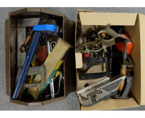 A collection of vintage wood working hand tools to include stanley bull nosed planes, rebait planes, chisels, snips, pliers e