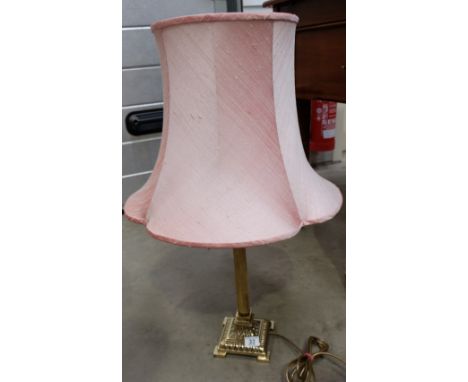 Brass column lamp base with shade, height 81cm