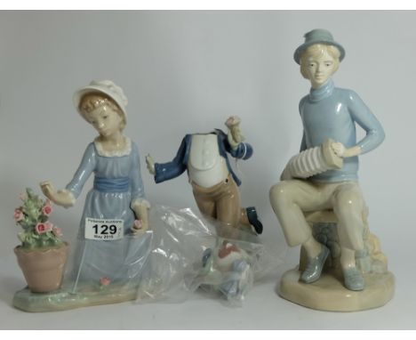 Lladro figure Girl picking roses (one rose detached and present), Spanish figure of seated Man playing accordion and Nao figu