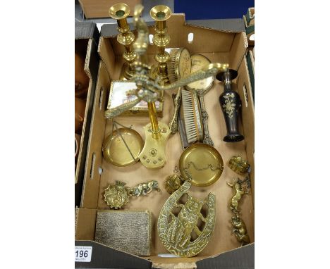 A good collection of Victorian brass ware to include set balance scales with weights, pair candlesticks, Cat trivet, brush se