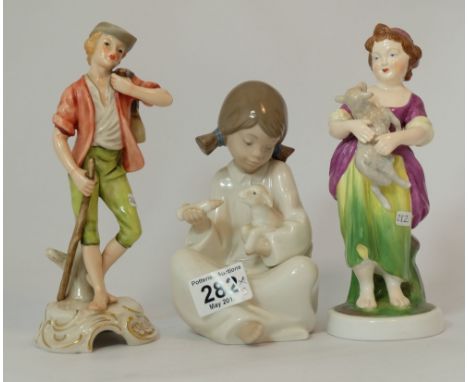 Goebel figure of a Cowherder, Copeland Spode figure "The French Sheperd Girl" and a Nao figure of a young girl feeding a lamb