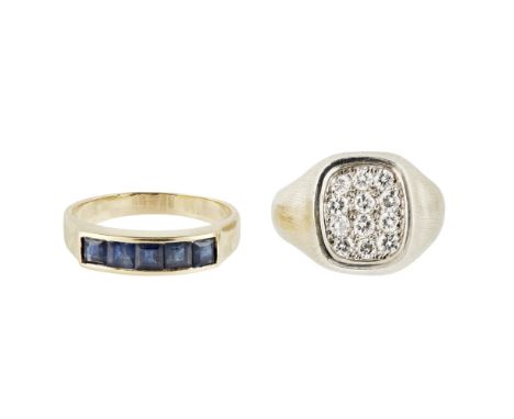 Three gem set rings  to include an 18ct white gold pave set diamond ring, a channel set sapphire ring, stamped 585; and a bi 