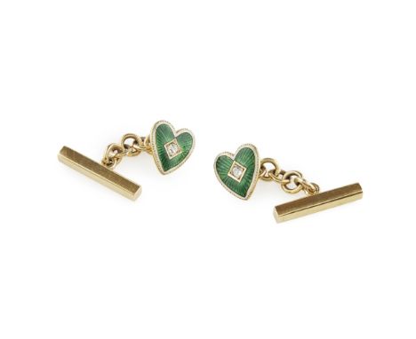 A pair of enamel heart shaped cufflinks  the principal terminal modelled as a heart, claw set with a central cushion cut diam