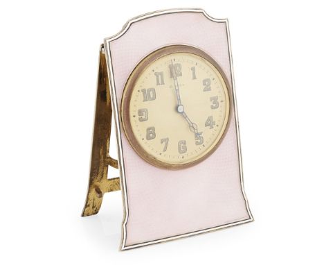 A silver gilt and enamelled dressing table clock  import marks for Wilsdorf &amp; Davis, London 1925, the shaped frame with r