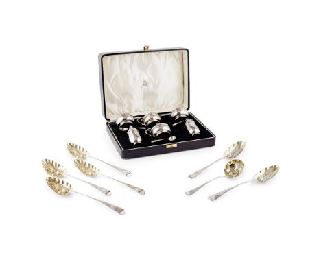A cased condiment set  Adie Brothers Ltd, Birmingham 1937, with Celtic border; together with a cased matched set of four berr