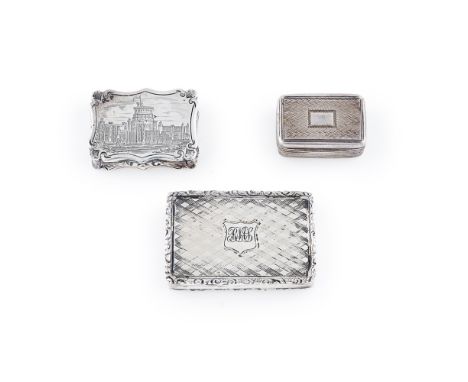 An engraved 'Castle Top' vinaigrette and two others  Nathaniel Mills, Birmingham 1843, of serpentine rectangular form, the co