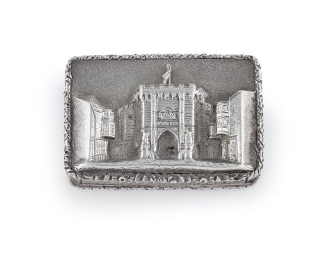 A rare 'Castle Top' vinaigrette  Nathaniel Mills, Birmingham 1843, the hinged cover with a view of The Bargate, Southampton, 
