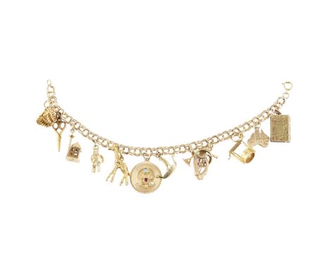 A charm bracelet  composed of double circular cub links, suspending various charms including a giraffe, a Viking and a harp e
