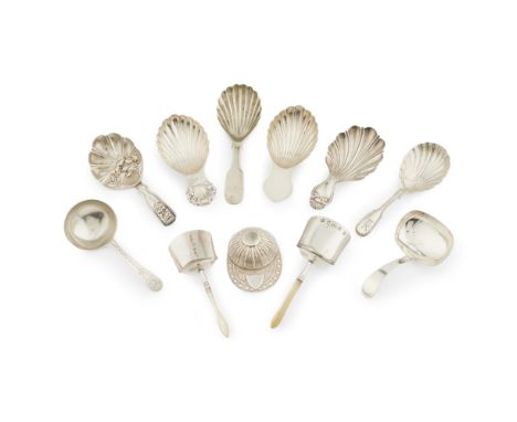 A collection of eleven various caddy spoons  two similar shovels, Samuel Pemberton, turned mother of pearl handles; a fiddle 