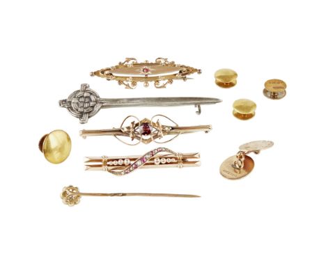 A collection of jewellery  to include three Victorian gem set bar brooches, a diamond set tie pin, a silver Celtic style kilt