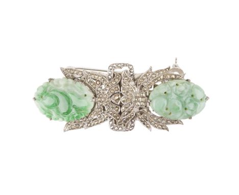 An Art Deco marcasite and jade set double clip brooch  of symmetrical form, each half with a carved and pierced oval jade pan