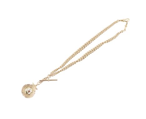 A 9ct Albert chain  composed of curb links, suspending a T-bar and a 9ct medallion with enamel set crest to one side and pres