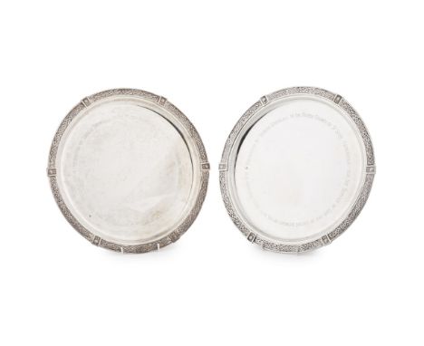 A pair of Scottish communion pattens  Brook &amp; Sons, Edinburgh 1934, circular form, Celtic raised border, presentation eng