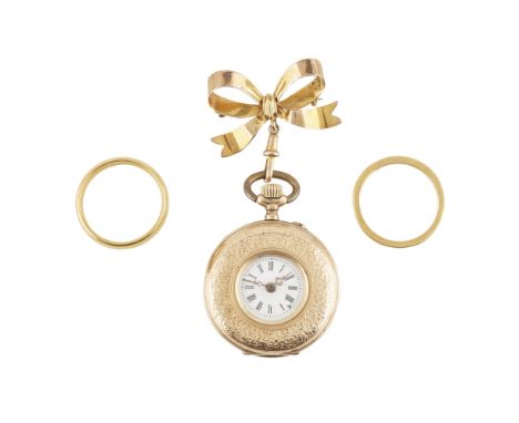 A lady's fob watch  the half-hunter case with engraved and enamel detail, stamped 585, suspended from a 9ct gold bow brooch; 