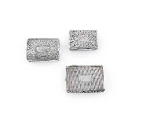 A group of three vinaigrettes  Edward Smith, Birmingham 1848, of rectangular form, simple floral engraving, pierced grill; an